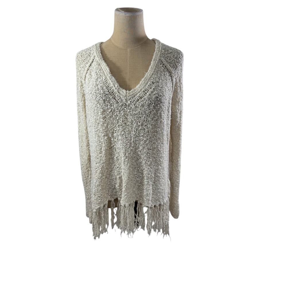 "Free People" Cream Sweater Loose Knit Tassels Hanging SZ M Beach  Fisherman‎
